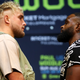 Jake Paul (L) and Tyron Woodley (R) face off during a press conference before their cruiserweight fight at The Novo by Microsoft at L.A. Live on July 13, 2021 in Los Angeles, California.